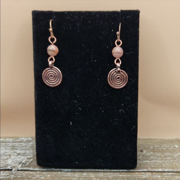 Rhodocrosite and Copper Spiral Drop Earrings - Picture 2 of 4